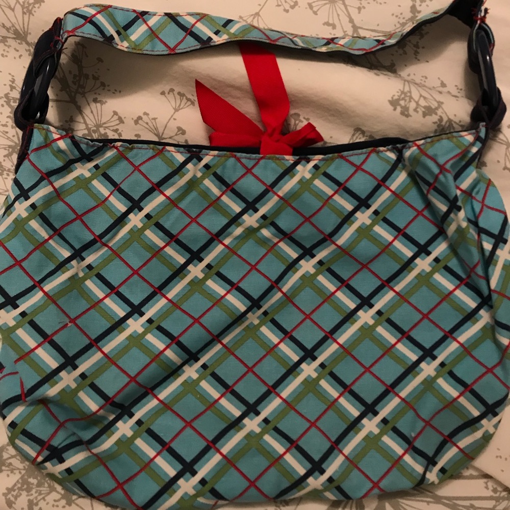 Plaid bag, can be reversed to navy.